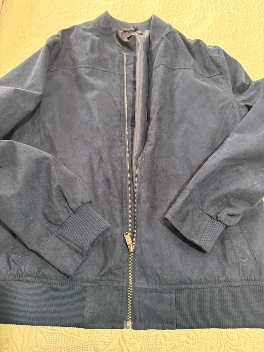 Men's Navy Suede Like Bomber Jacket - Classic Zip Front